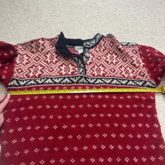 L.L. Bean Vintage Men’s Large red Nordic Fair Isle wool-blend sweater 1/4 button - Picture 11 of 13